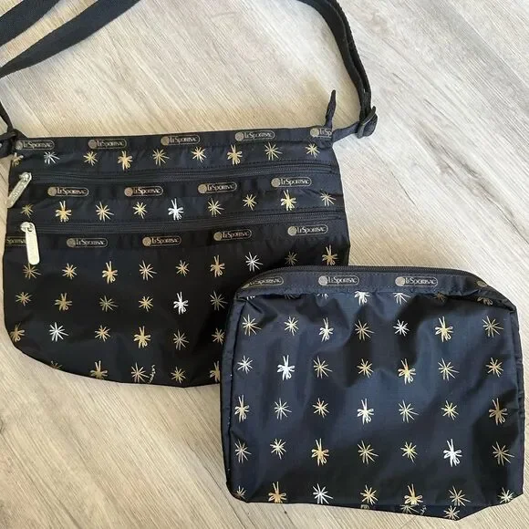 LeSportSac Crossbody Purse & Bag Set Starlet Print Black Metallic Freehand Stars - Picture 10 of 10